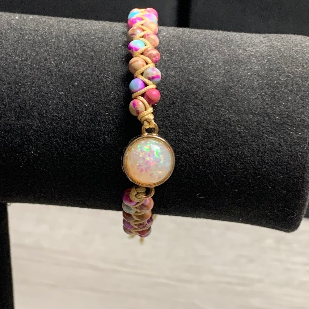 Boho Multi Color Jasper Bead Woven Bracelet Iridescent Faux Opal Adjustable 4228